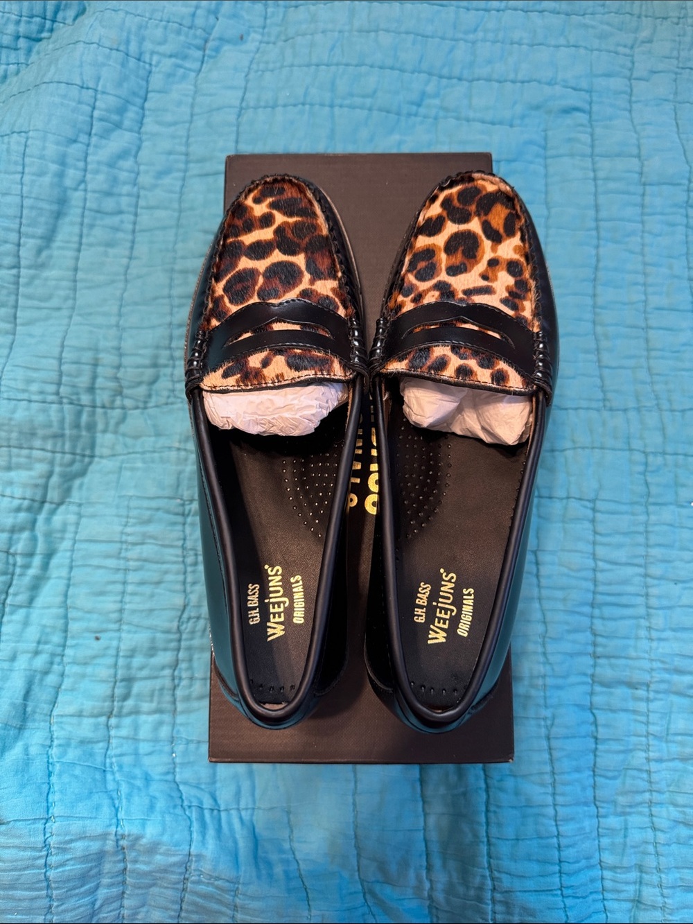 G.H. Bass & Co. Leopard Print Penny Loafers in Black and Tan